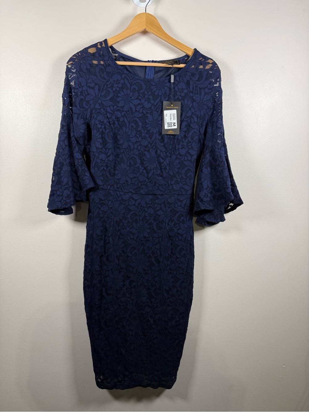 Navy Lace Midi Dress with Bell Sleeves
